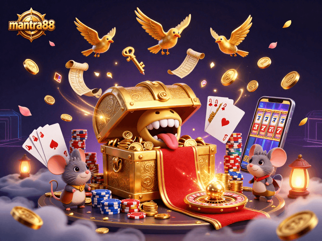 Engage with mantra88's thrilling online games featuring a golden treasure chest and dynamic casino elements.