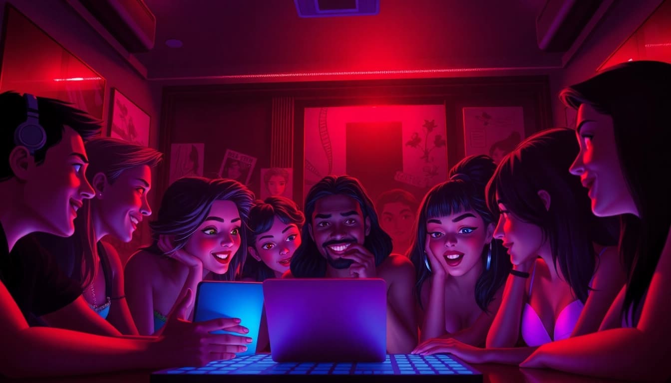 Diverse characters interact in a vibrant online sex chat room, highlighting engagement and excitement.