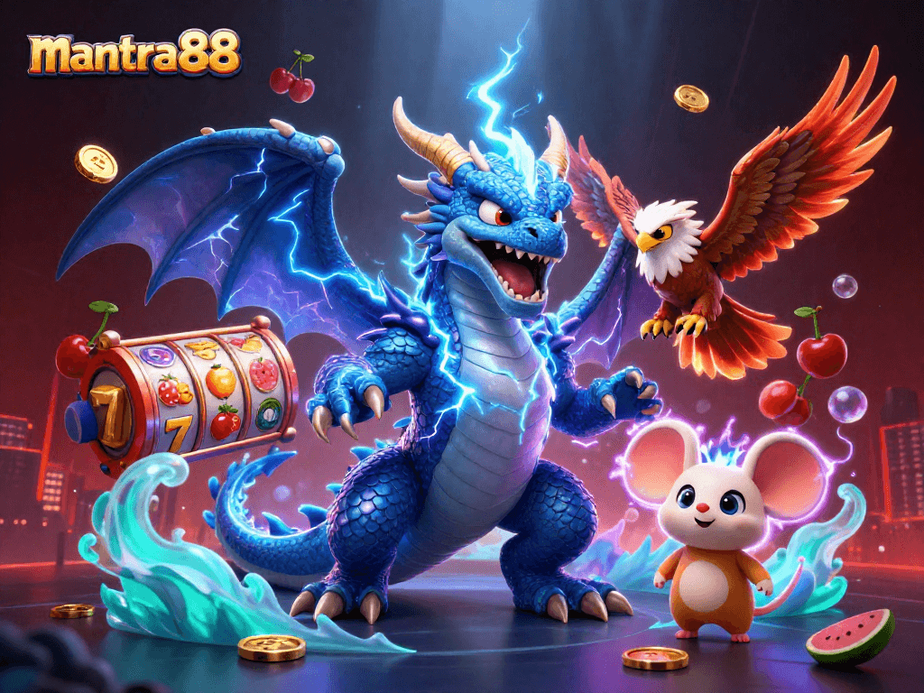Spin and win with mantra88 in an electrifying 3D casino adventure, featuring vibrant game elements.
