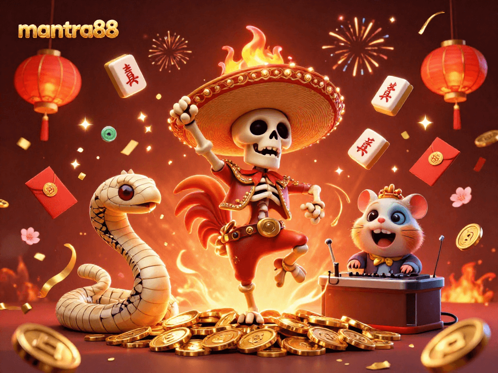 mantra88 showcases a vibrant casino celebration with a dancing rooster and gaming elements.