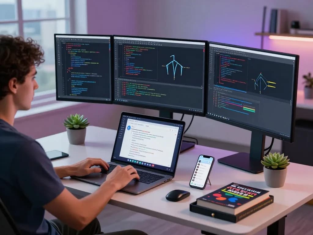Programmer demonstrating open claw AI technology at a modern workspace with multiple monitors and city views.