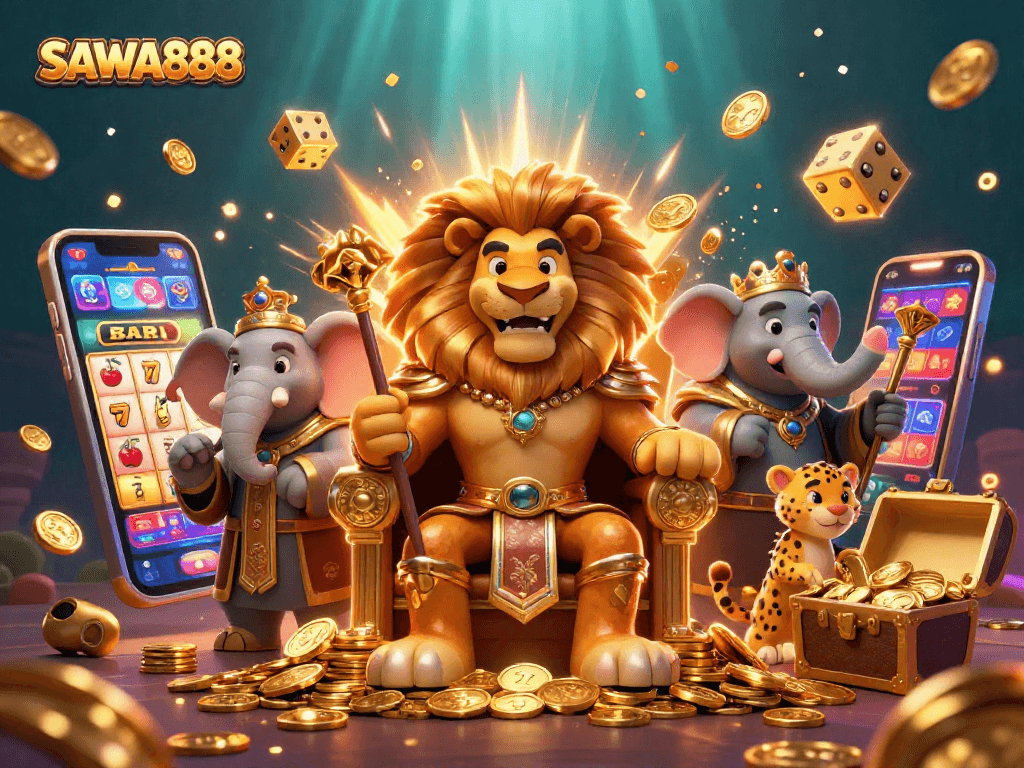 Experience thrilling wins at SAWA888 with a vibrant casino scene featuring majestic characters and dynamic slot action.