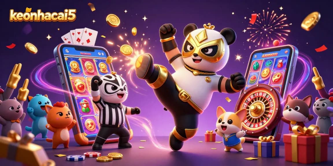 Witness keonhacai5 in action as a panda wrestler kicks amidst slot games and cheering animal fans.