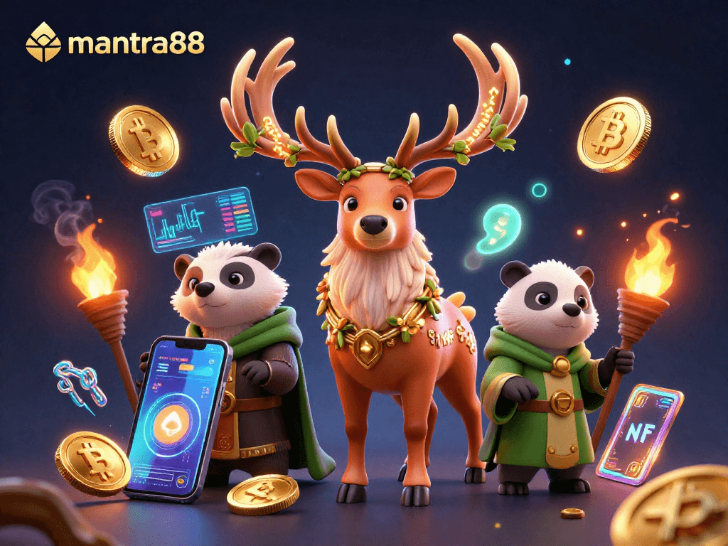 Experience mantra88 at a dynamic crypto casino scene with Celtic druid and badger characters.
