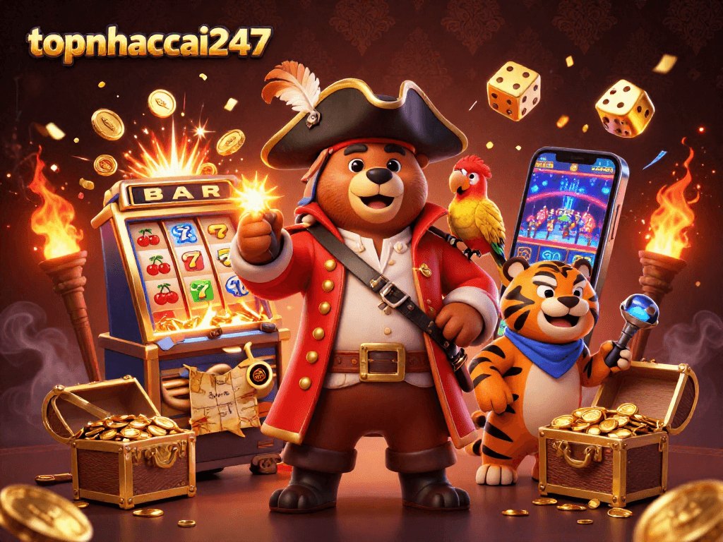 Experience thrilling gameplay with topnhacai247 as a cartoon pirate captain bear leads the adventure.