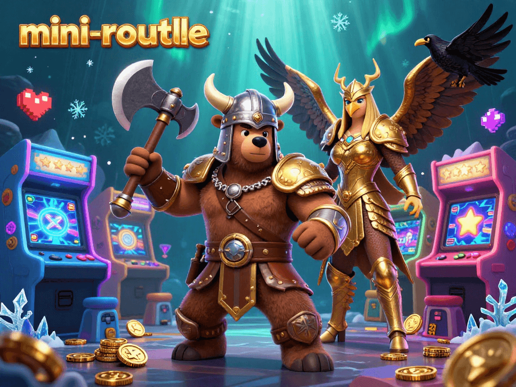 Engage in mini-roulette action as Viking bear and Valkyrie eagle battle alongside glowing games.