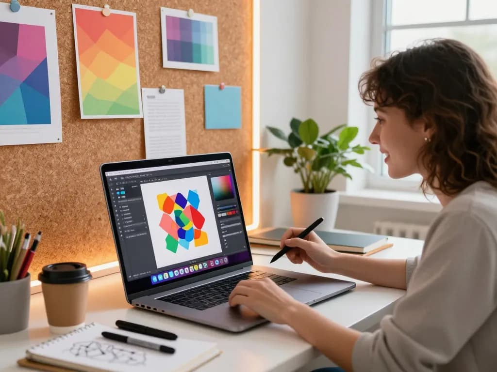 Designer using nano banana pro in a vibrant creative workspace with digital art going live.