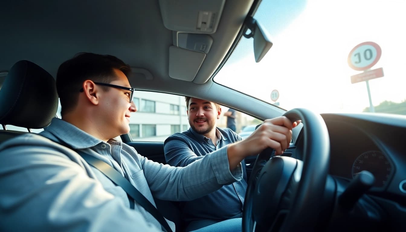 Taking a driving lesson Bury St Edmunds with a professional instructor in an urban setting.