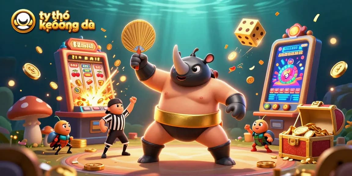 Experience the thrill of tỷ lệ kèo bóng đá as gold coins fly around the sumo champion beetle in a vibrant casino scene.