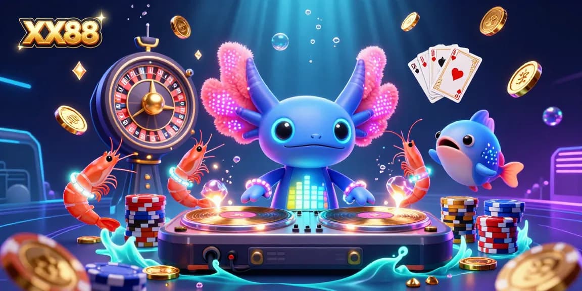 Experience the excitement of XX88 with a vibrant underwater casino scene featuring an axolotl DJ and festive sea creatures.