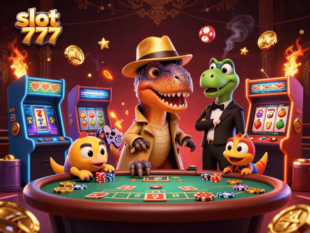 Experience thrilling action with slot 777 as a velociraptor tries to win big at the blackjack table.