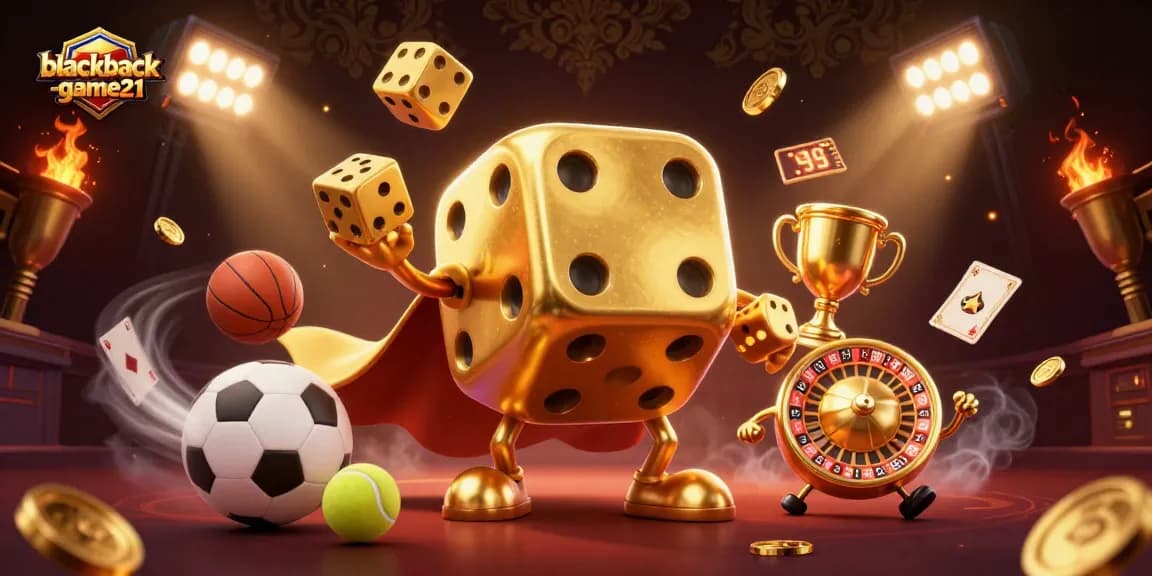 Engage with blackjack-game21 as a golden dice character juggles while sports elements fly around.