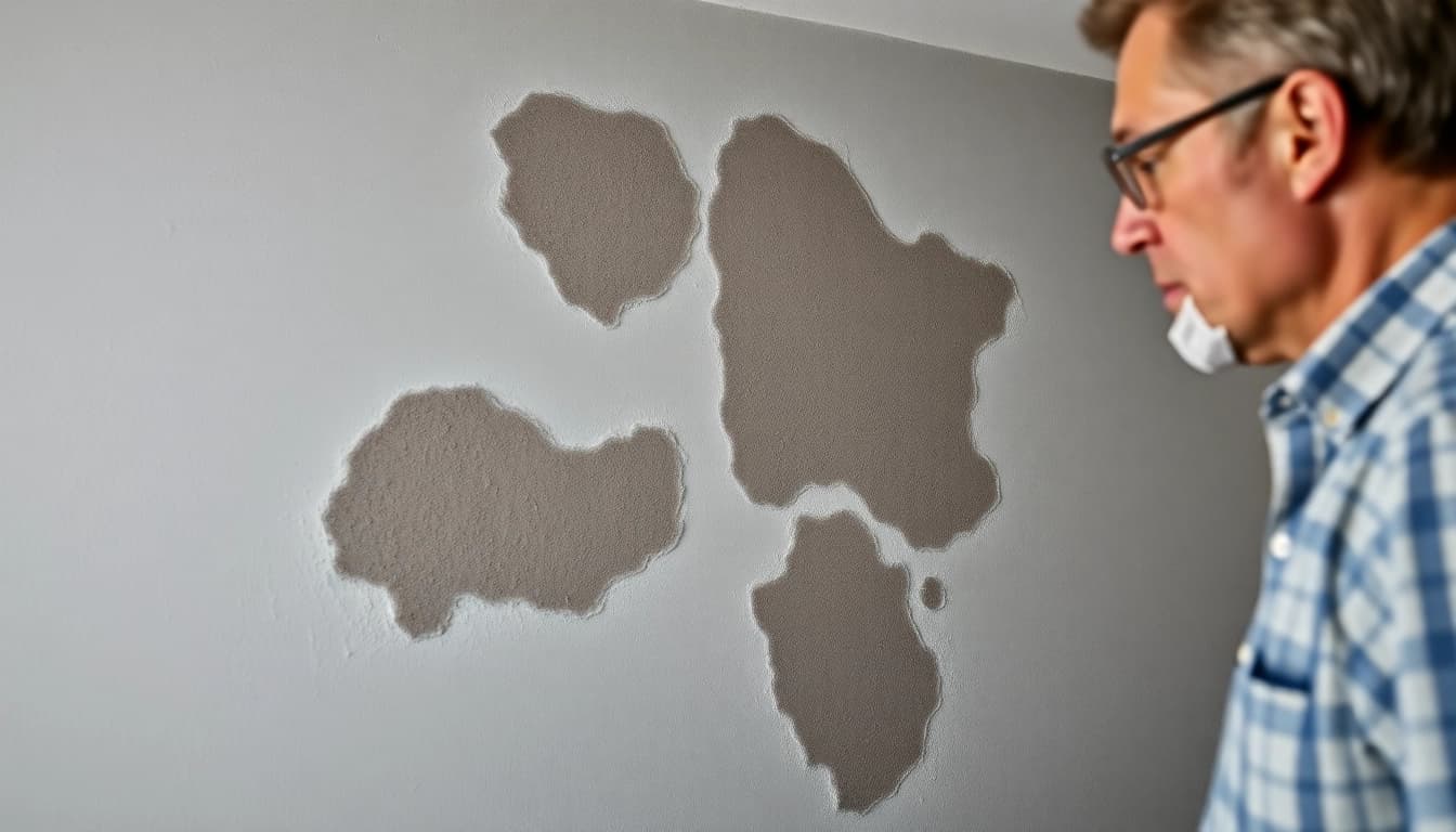 Homeowner examines damp wall issues caused by spray foam causing damp in a living space.