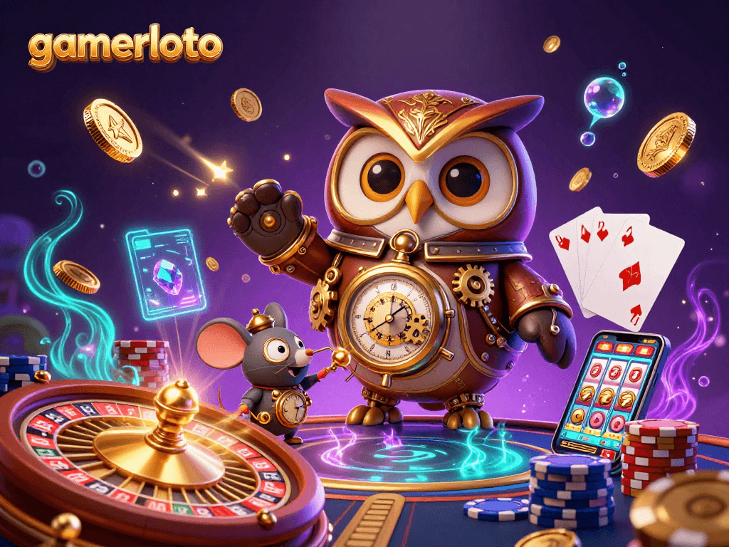 Experience gamerloto's thrilling action with a time-traveler owl and vibrant casino elements.