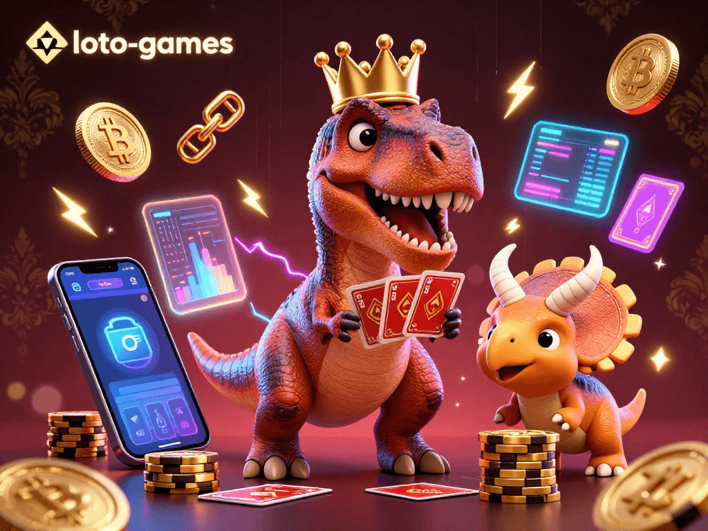 Join the exciting world of loto-games with a T-Rex shuffling cards and vibrant crypto elements!