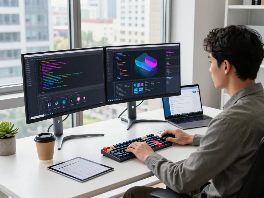 Developer optimizing open claw AI assistant on dual monitors in a modern workspace.