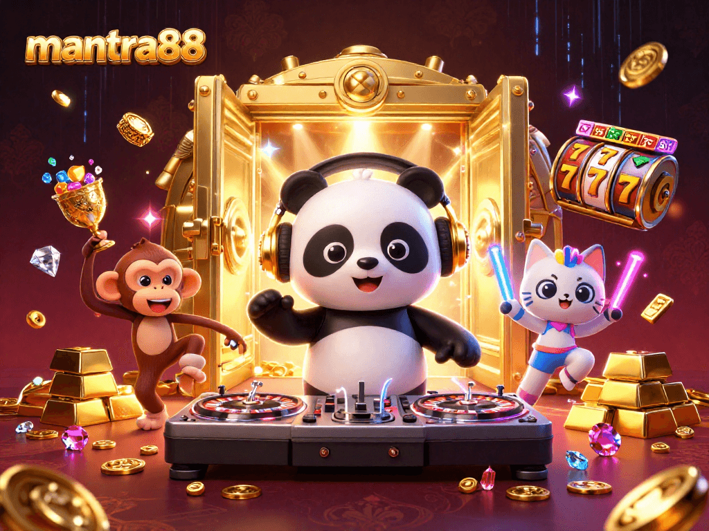 Experience the excitement of mantra88 with vibrant casino-themed characters in a dynamic 3D scene.