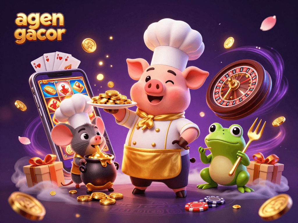 Play thrilling slot games and win with agen gacor in this vibrant 3D casino scene.