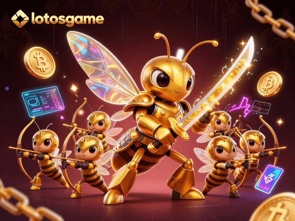 Lotosgame showcases a vibrant battle scene featuring a giant golden hornet and bee archers amidst crypto elements.