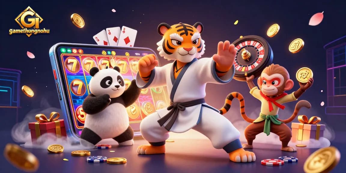 gamethuongnohu showcases a kung fu tiger master with a panda and monkey amidst colorful slot gaming elements.