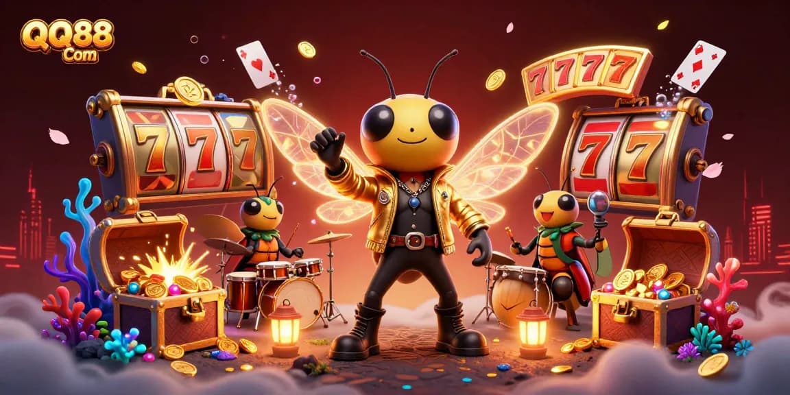 Experience the excitement of QQ88 Com's casino with a vibrant illustration of a cicada rock star amidst dynamic gaming elements.