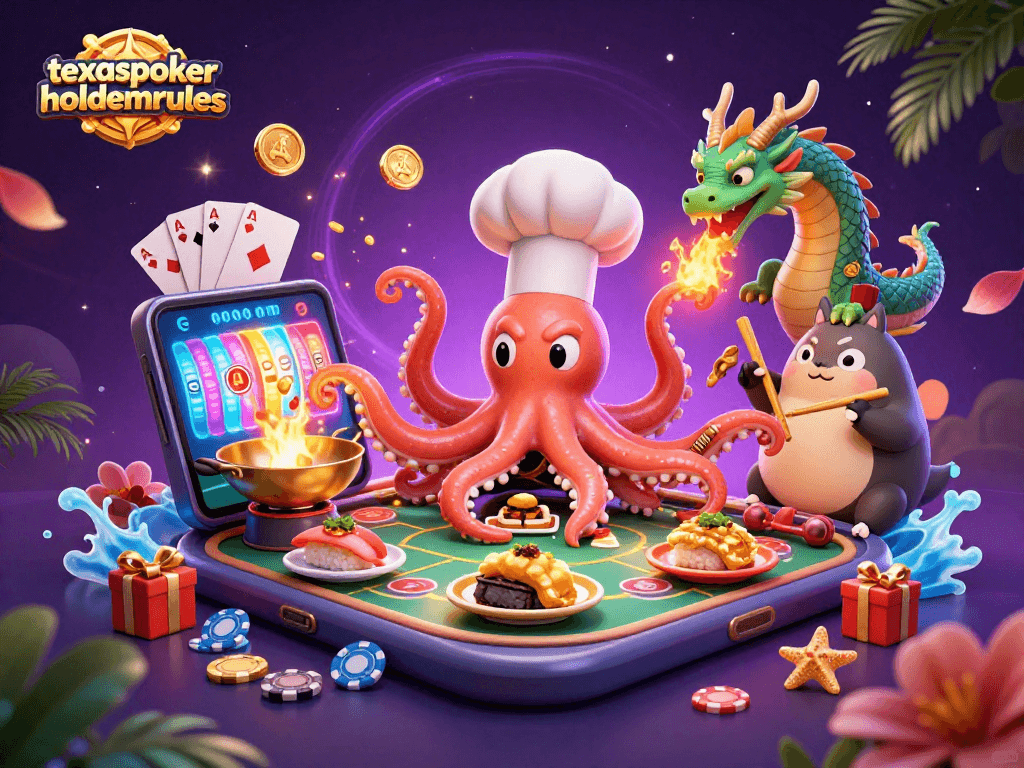 Engage with texaspokerholdemrules as a colorful poker scene unfolds with vibrant characters and dynamic game elements.