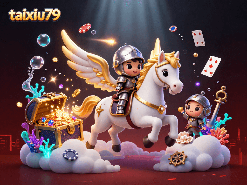 Experience taixiu79's thrilling gaming world with the celestial knight and treasures in an exciting casino environment.