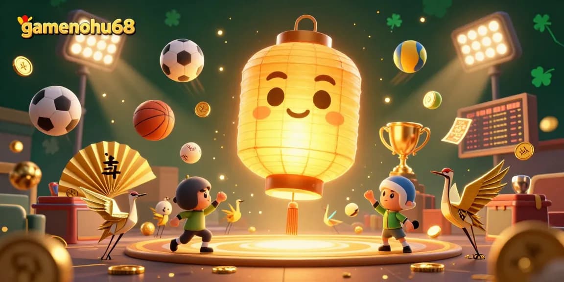 Join the excitement at gamenohu68 with a 3D casino scene featuring a glowing spirit amidst dynamic sports elements.