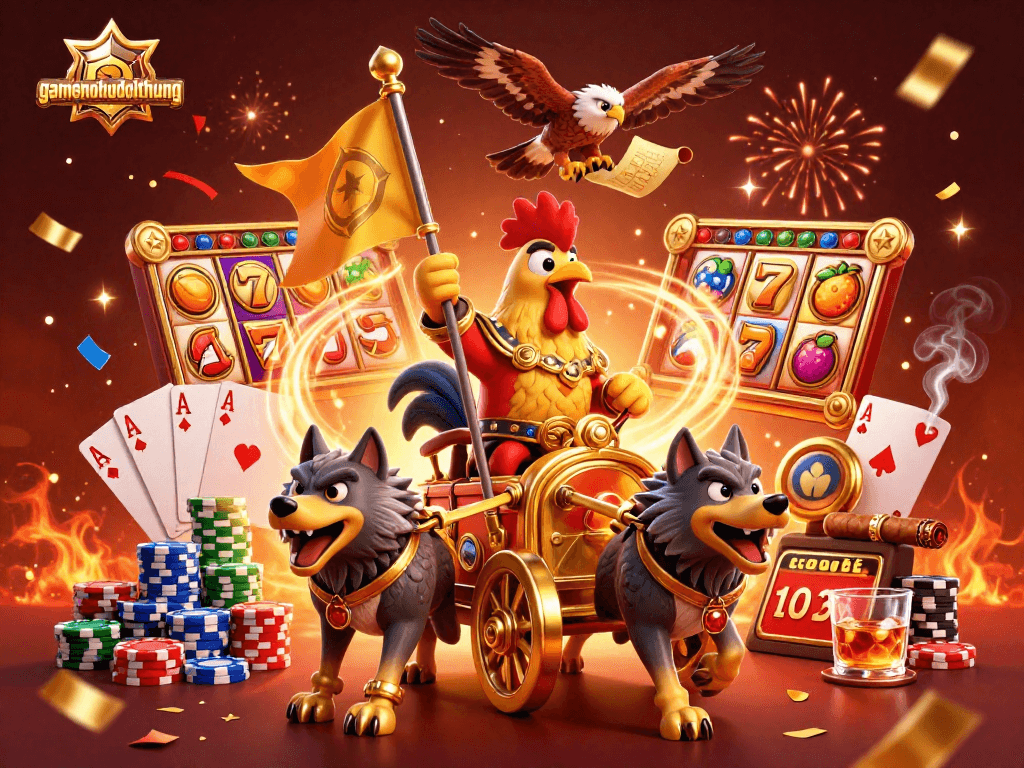 Experience the excitement of gamenohudoithuong with a rooster warlord jackpot scene, featuring dynamic slots and casino elements.