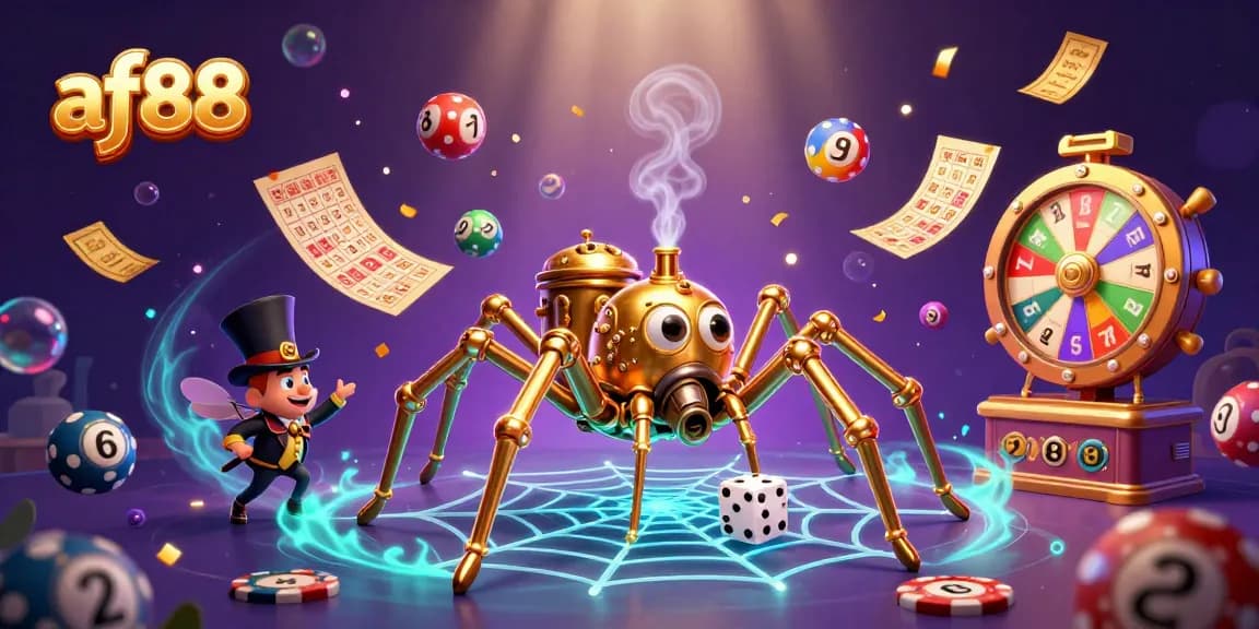 Engage with af88's vibrant casino atmosphere, featuring a golden spider and colorful lottery balls.