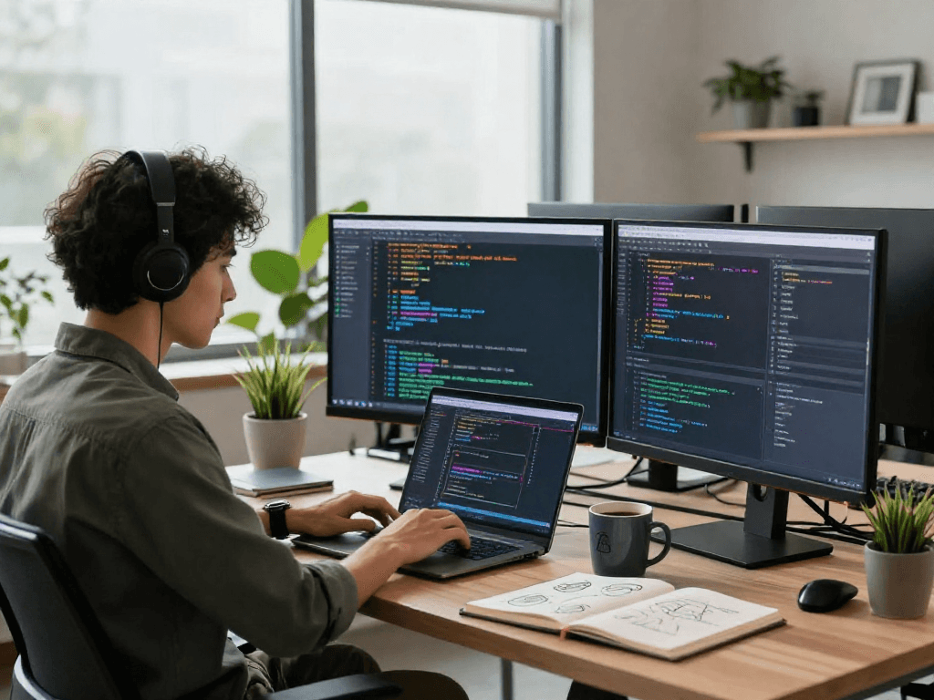 Developer focusing on juicy ai applications in a modern tech workspace, surrounded by vibrant code on monitors and creative elements.
