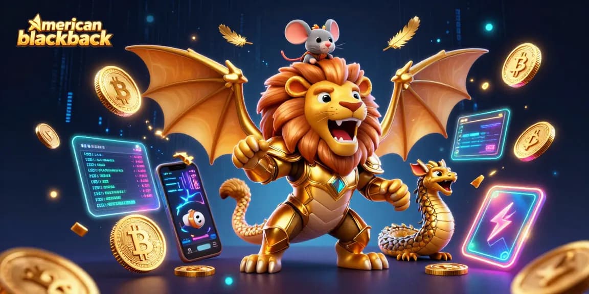 Experience the excitement of american-blackjack with a dynamic visual of a chimera and cryptocurrency elements.