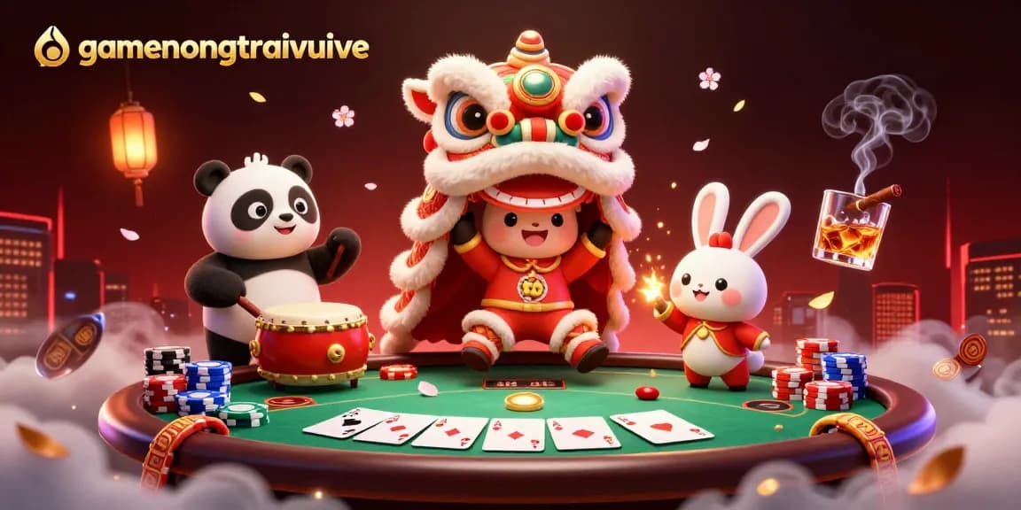 Experience the excitement at gamenongtraivuive with a lively poker scene featuring a lion dance and festive characters.