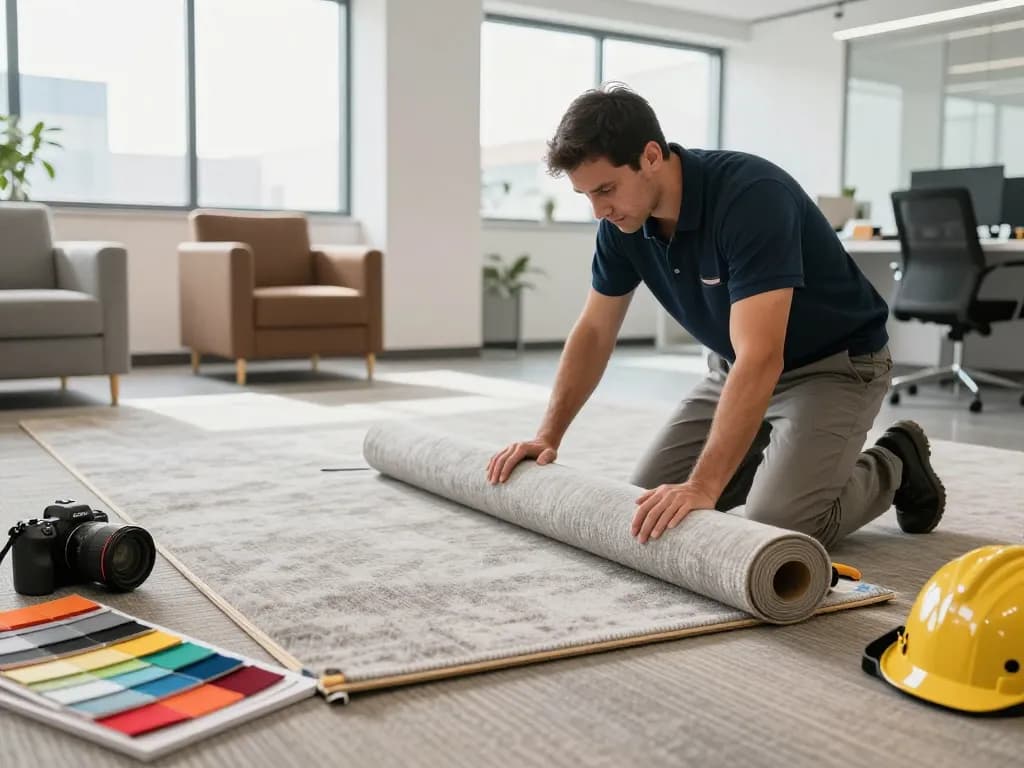 Expert in commercial carpet installation adjusting flooring in bright office space.