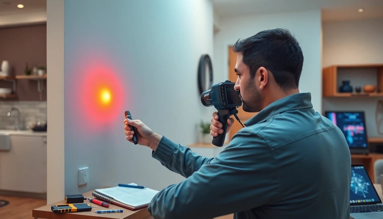 Technician performing underground leak detection using thermal imaging in a residential home.