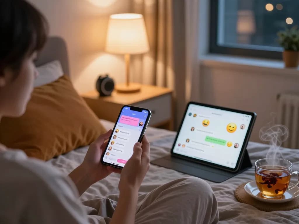 Engaging sex chat AI interface displayed on smartphone in intimate bedroom setting, showcasing personalized digital interactions.
