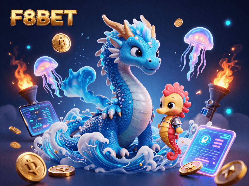 Engage in thrilling gambling adventures at F8BET with dynamic casino-themed elements and vibrant characters.