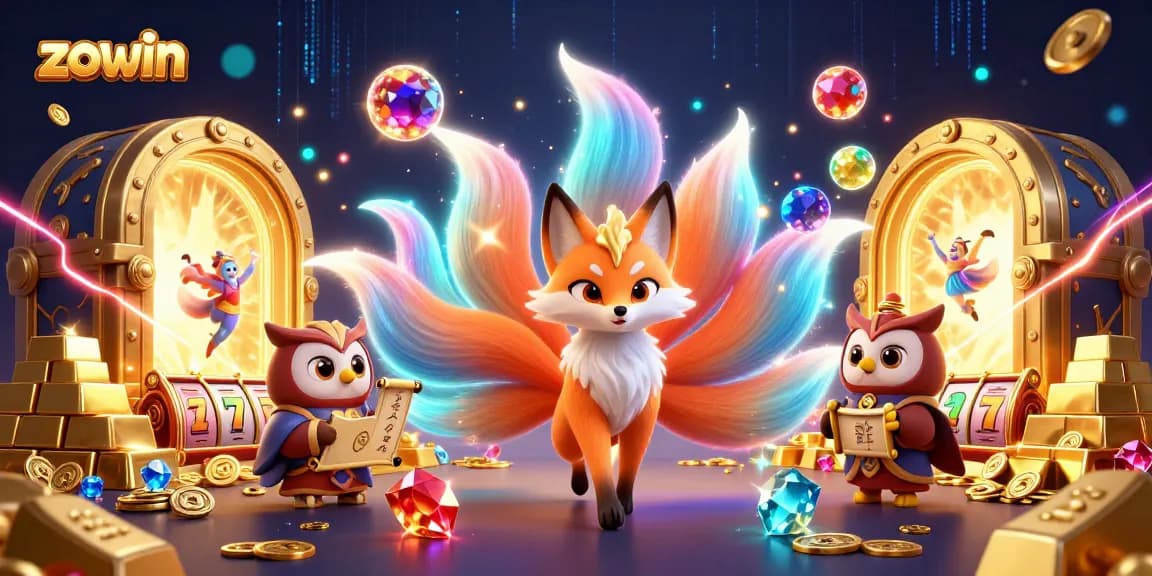 Experience the magic of zowin as a colorful nine-tailed fox spirit dances amidst riches in this captivating casino illustration.