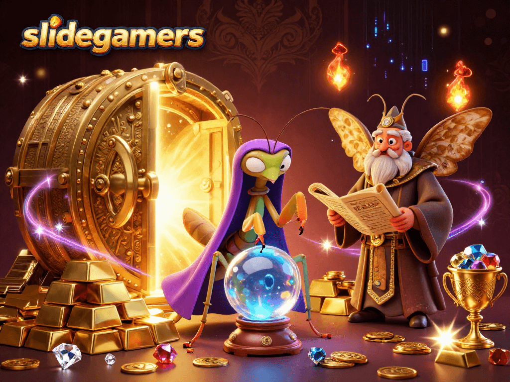 Engage with slidegamers as the whimsical fortune teller predicts fortunes amidst gold treasures and magic.