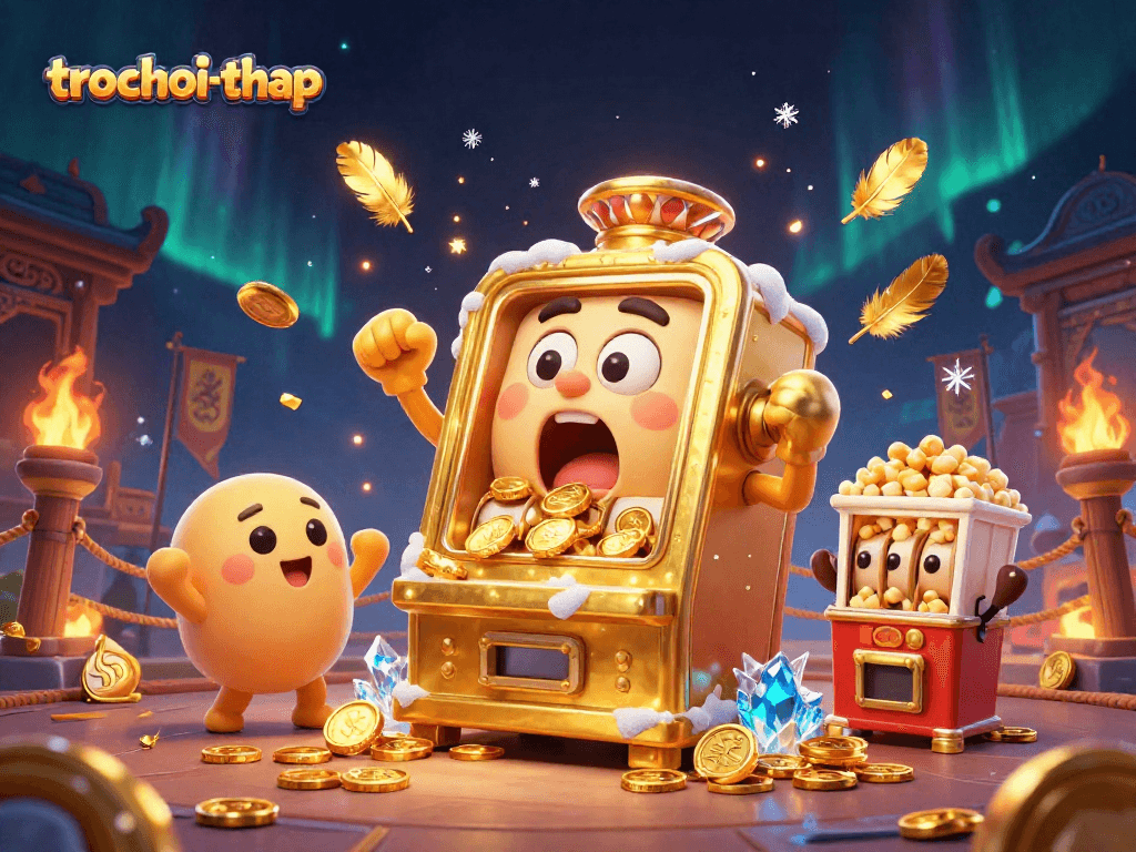 Win big in trochoi-thap with a golden slot machine hitting the jackpot amidst dazzling casino elements.