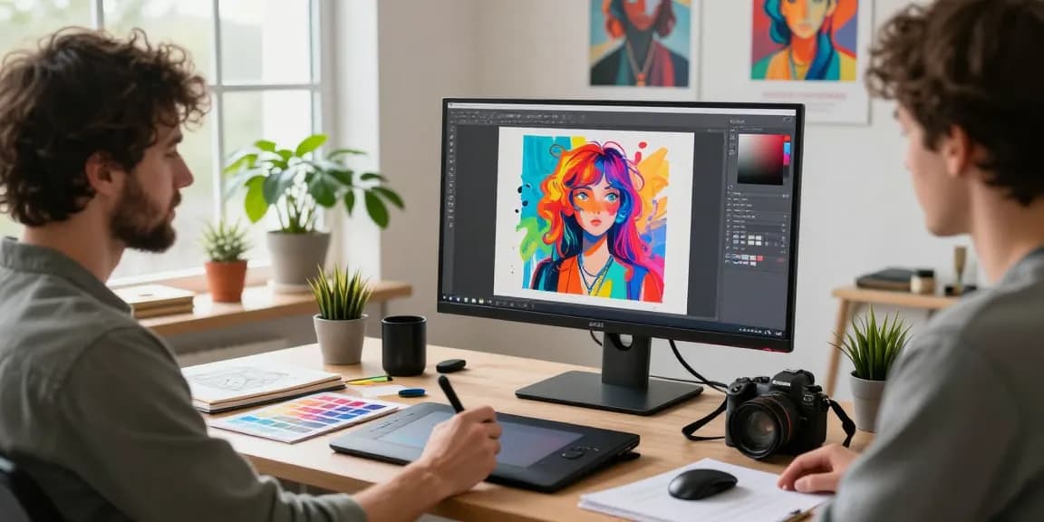 Artist using the image to prompt generator in a bright digital studio, surrounded by creative tools and AI art.