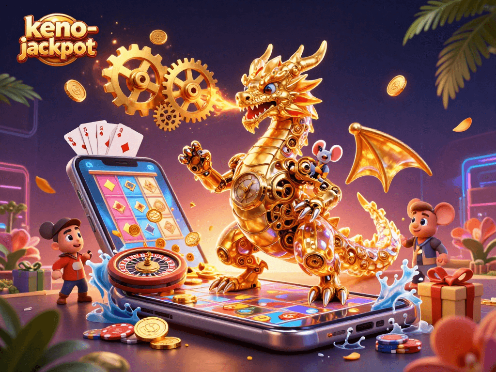 Engage with keno-jackpot rewards in a vibrant 3D casino scene filled with captivating elements.