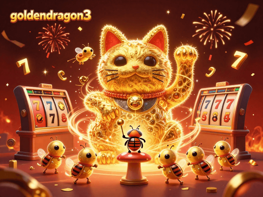 Engage with goldendragon3 as golden fireflies create a lucky cat amidst striking casino symbols.