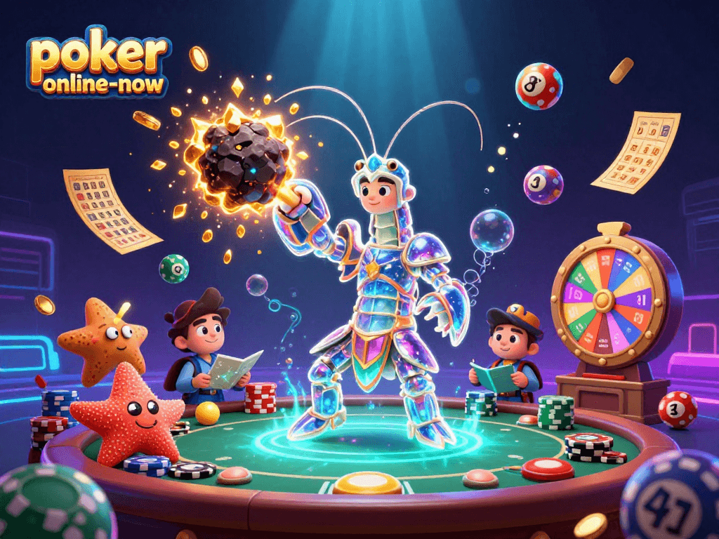 Experience vibrant gameplay at poker-online-now with a galactic samurai mantis shrimp amidst a thrilling casino scene.