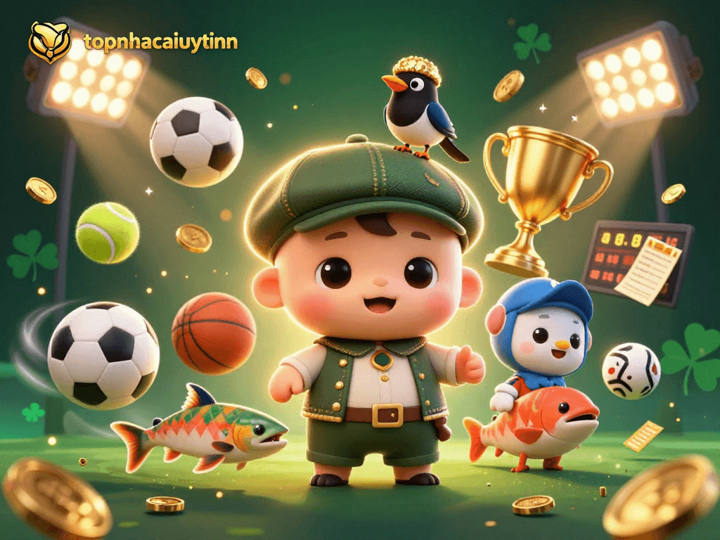 topnhacaiuytinn showcases a colorful 3D illustration featuring lively characters amid dynamic gambling elements for casino promotions.