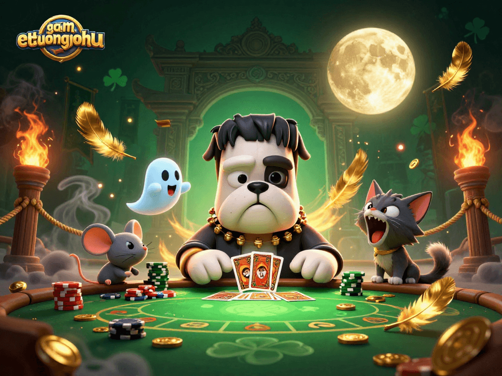Experience thrilling card games at gamethuongnohu with a monster dealer in a spooky casino setting.