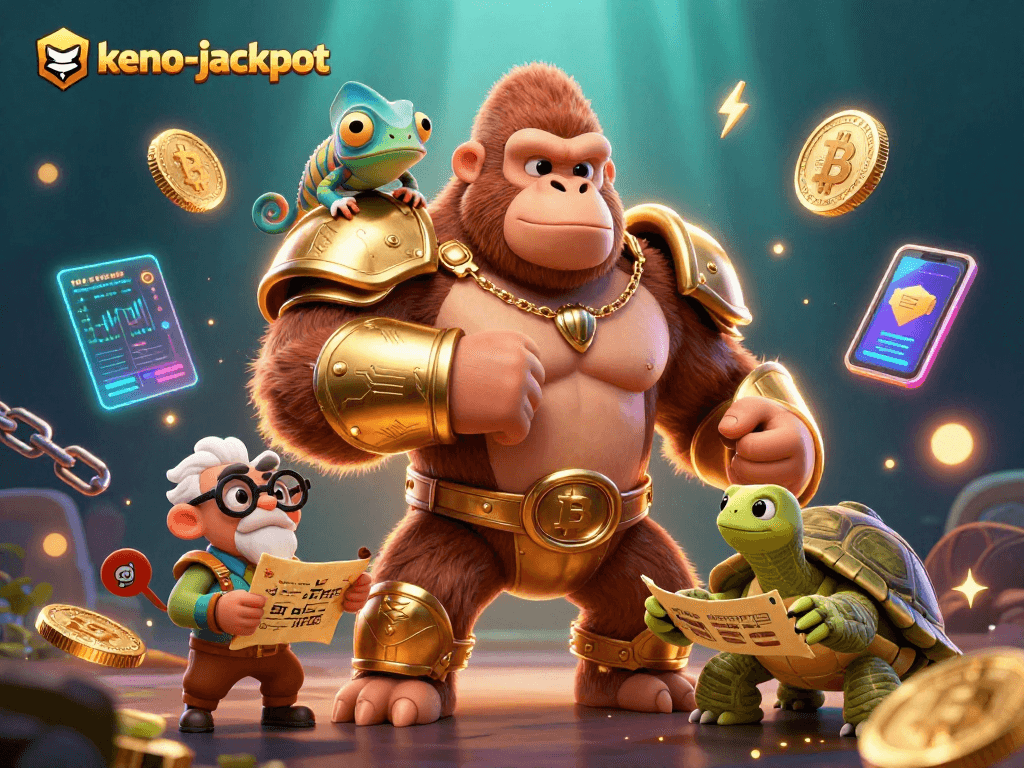 Experience the thrill of keno-jackpot with dynamic characters in a vibrant casino scene.