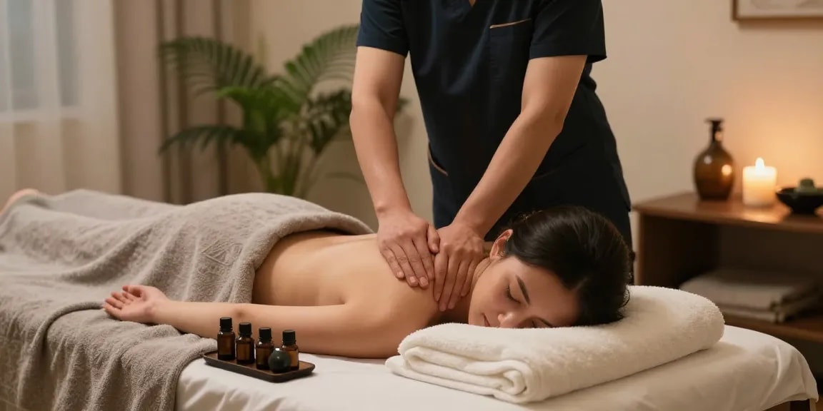 마사지 테라피 중인 전문가와 편안한 분위기 속 고객