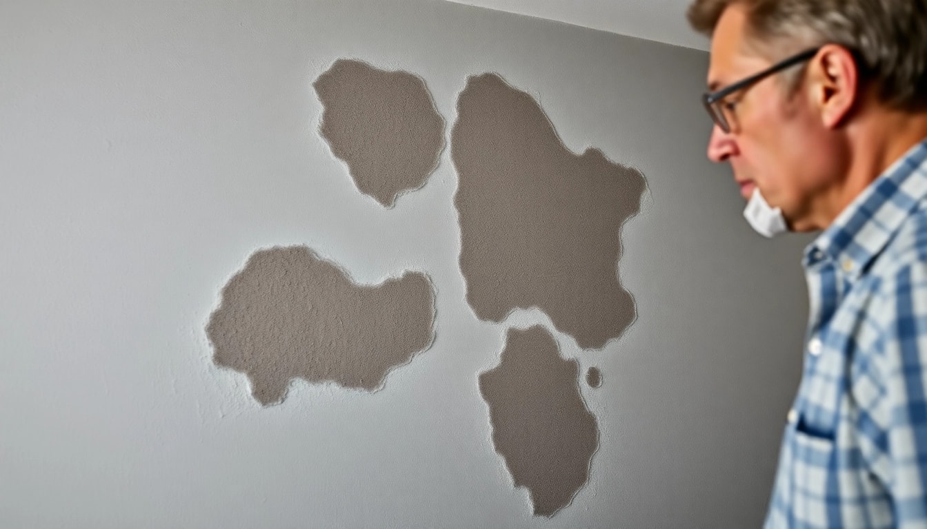 Homeowner examines damp wall issues caused by spray foam causing damp in a living space.