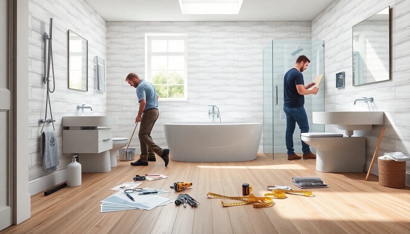 Manchester bathroom fitters expertly renovating a stylish bathroom in a modern setting.